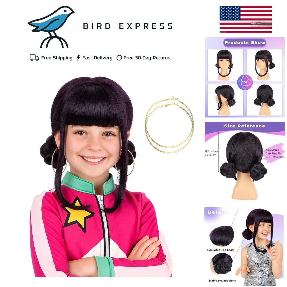 KPop Demon Hunter Zoey Wig Kid Size black with Bangs & 2 Buns Halloween Costume